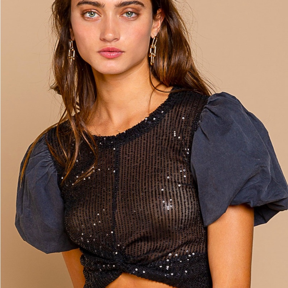 🆕 POL Sequin Crop Top - Puffed Sleeves - Black
